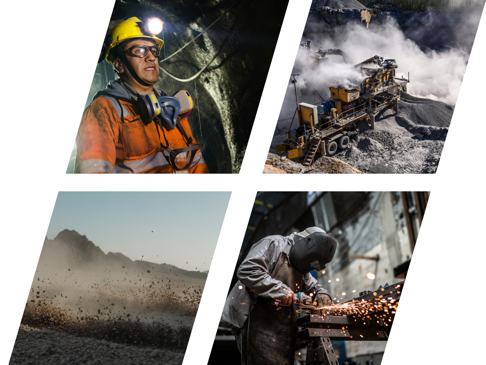 Arbeiterinnen und Arbeiter in staubigen Industrieumgebungen – Bergbau, Baustelle und Metallverarbeitung – beim Einsatz des Dustlight zur Staubmessung.