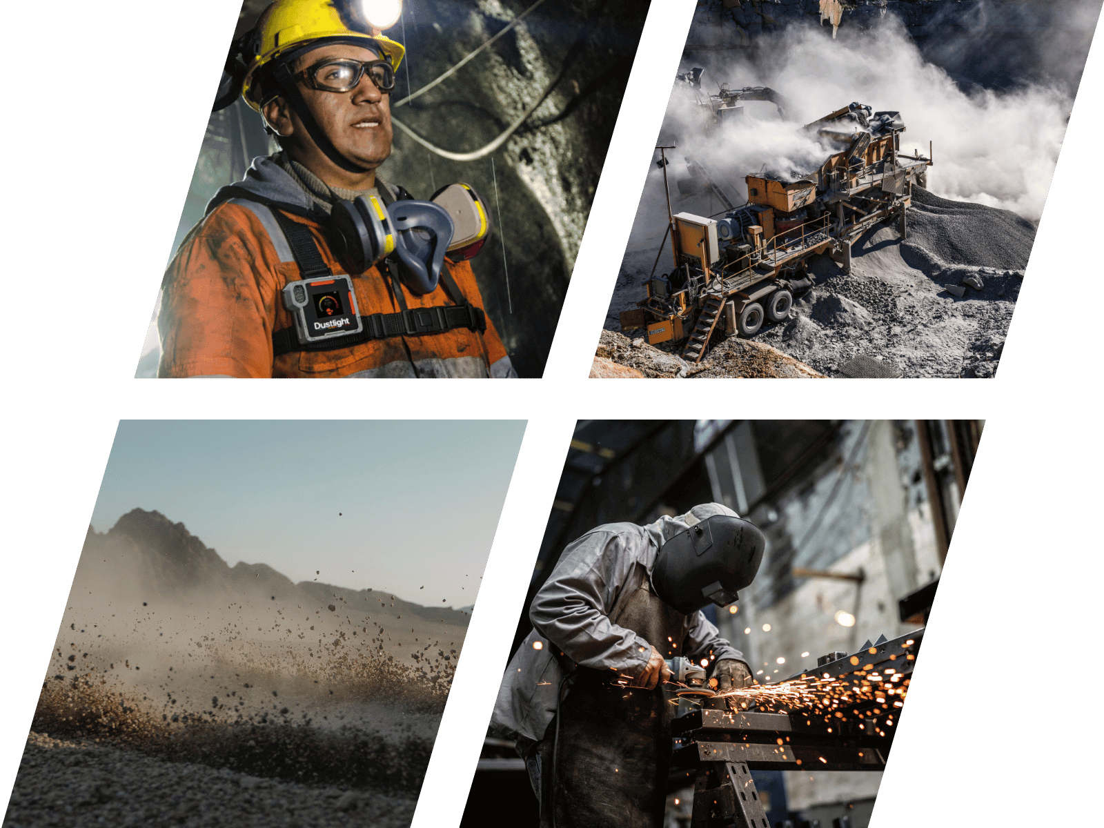 Arbeiterinnen und Arbeiter in staubigen Industrieumgebungen – Bergbau, Baustelle und Metallverarbeitung – beim Einsatz des Dustlight zur Staubmessung.